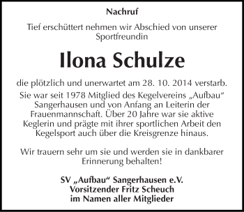 Traueranzeige von Ilona Schulze von Mitteldeutsche Zeitung Sangerhausen