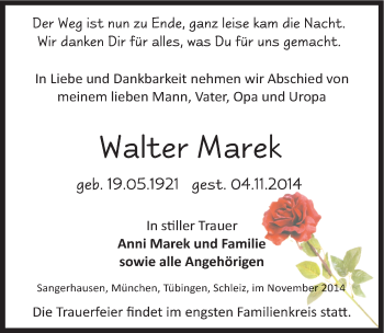 Traueranzeige von Walter Marek von Mitteldeutsche Zeitung Sangerhausen