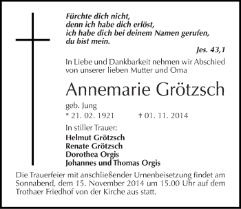 Traueranzeige von Annemarie Grötzsch von Mitteldeutsche Zeitung Halle/Saalkreis