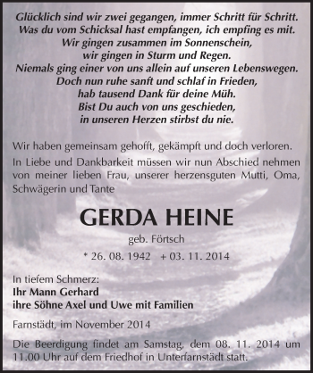 Traueranzeige von Gerda Heine von Mitteldeutsche Zeitung Merseburg/Querfurt