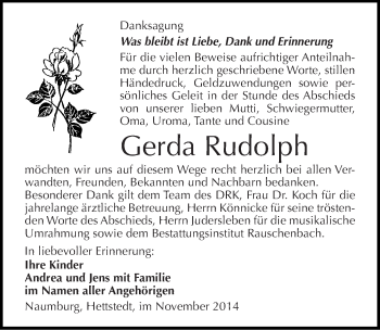 Traueranzeige von Gerda Rudolph von Mitteldeutsche Zeitung Naumburg/Nebra
