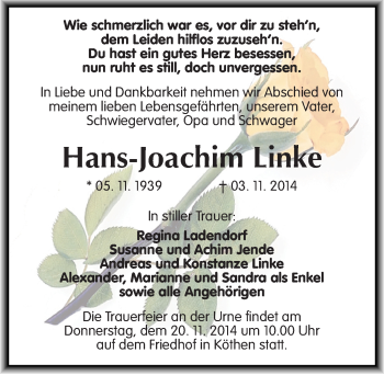 Traueranzeige von Hans-Joachim Linke von Mitteldeutsche Zeitung Köthen
