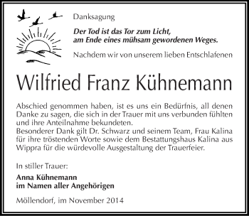 Traueranzeige von Wilfried Franz Kühnemann von Mitteldeutsche Zeitung Mansfelder Land