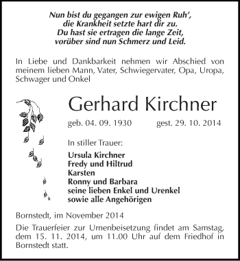 Traueranzeige von Gerhard Kirchner von Mitteldeutsche Zeitung Mansfelder Land