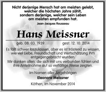 Traueranzeige von Hans Meissner von Mitteldeutsche Zeitung