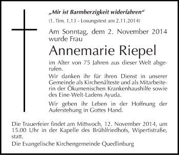 Traueranzeige von Annemarie Riepel von Mitteldeutsche Zeitung