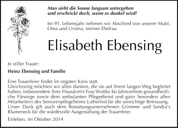 Traueranzeige von Elisabeth Ebensing von Mitteldeutsche Zeitung Mansfelder Land
