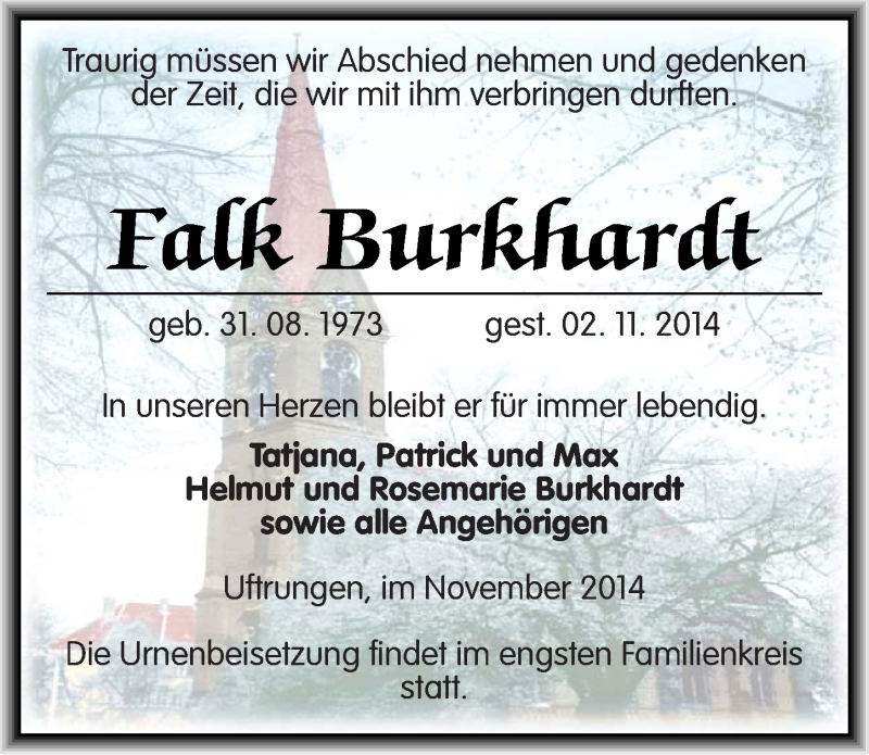 Traueranzeige für Falk Burkhardt vom 08.11.2014 aus Mitteldeutsche Zeitung Sangerhausen