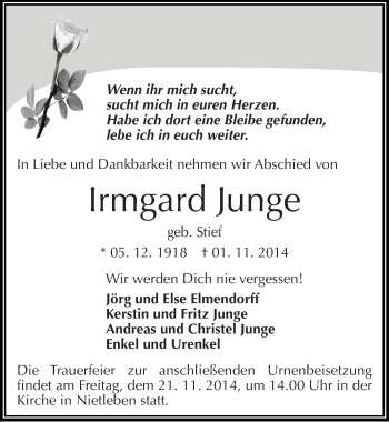 Traueranzeige von Irmgard Junge von Mitteldeutsche Zeitung Halle/Saalkreis
