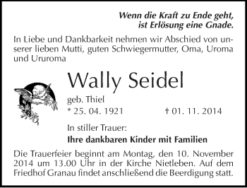 Traueranzeige von Wally Seidel von Mitteldeutsche Zeitung Halle/Saalkreis