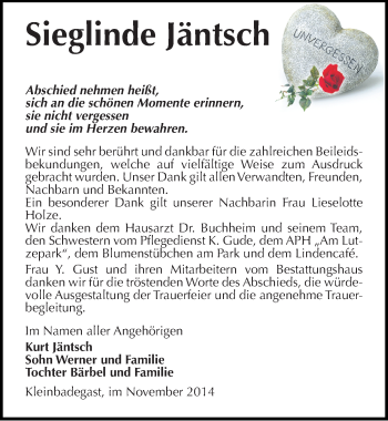 Traueranzeige von Sieglinde Jäntsch von Mitteldeutsche Zeitung Köthen