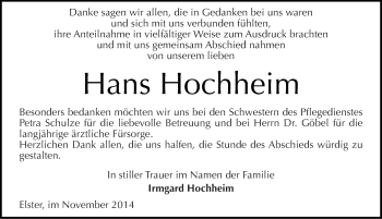 Traueranzeige von Hans Hochheim von Mitteldeutsche Zeitung Wittenberg