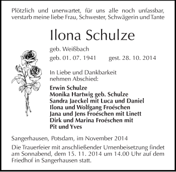 Traueranzeige von Ilona Schulze von Mitteldeutsche Zeitung Sangerhausen