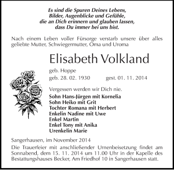 Traueranzeige von Elisabeth Volkland von Mitteldeutsche Zeitung