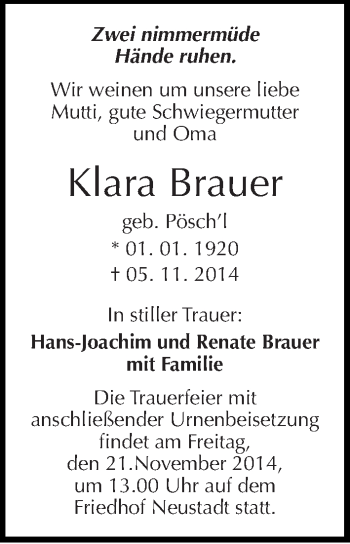 Traueranzeige von Klara Brauer von Mitteldeutsche Zeitung Halle/Saalkreis