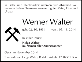 Traueranzeige von Werner Walter von Mitteldeutsche Zeitung Sangerhausen