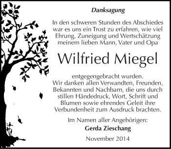 Traueranzeige von Wilfried Miegel von Mitteldeutsche Zeitung Dessau-Roßlau