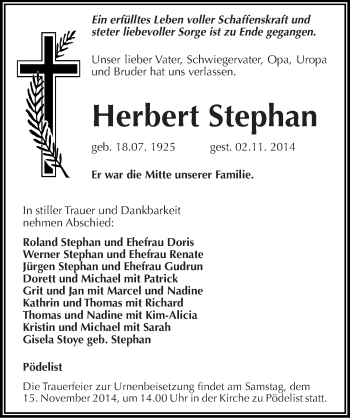 Traueranzeige von Herbert Stephan von Mitteldeutsche Zeitung Naumburg/Nebra