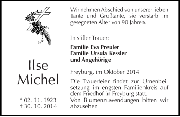 Traueranzeige von Ilse Michel von Mitteldeutsche Zeitung Naumburg/Nebra