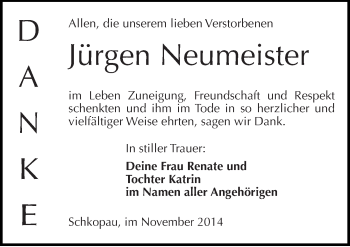 Traueranzeige von Jürgen Neumeister von Mitteldeutsche Zeitung Merseburg/Querfurt
