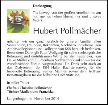 Traueranzeige von Hubert Pollmächer von Mitteldeutsche Zeitung Halle/Saalkreis