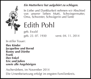 Traueranzeige von Edith Pohl von Mitteldeutsche Zeitung Aschersleben