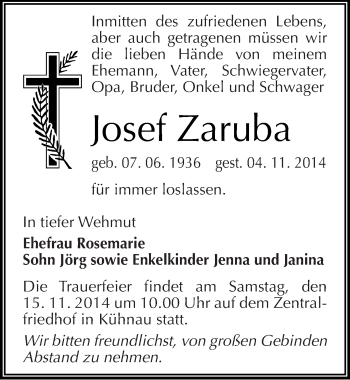 Traueranzeige von Josef Zaruba von Mitteldeutsche Zeitung Dessau-Roßlau