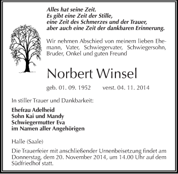 Traueranzeige von Norbert Winsel von Mitteldeutsche Zeitung Halle/Saalkreis
