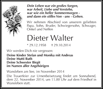 Traueranzeige von Dieter Walter von Mitteldeutsche Zeitung Mansfelder Land