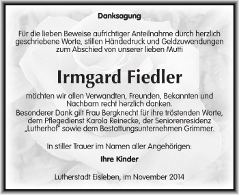 Traueranzeige von Irmgard Fiedler von Mitteldeutsche Zeitung Mansfelder Land