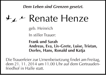 Traueranzeige von Renate Henze von Mitteldeutsche Zeitung Halle/Saalkreis