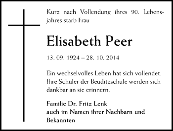 Traueranzeige von Elisabeth Peer von Mitteldeutsche Zeitung Weißenfels