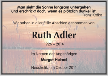 Traueranzeige von Ruth Adler von Mitteldeutsche Zeitung Halle/Saalkreis