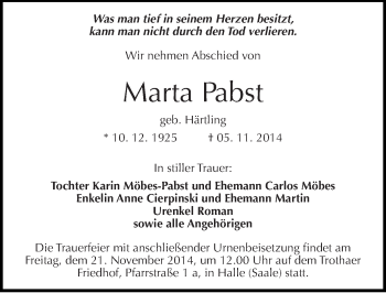 Traueranzeige von Marta Pabst von Mitteldeutsche Zeitung Köthen