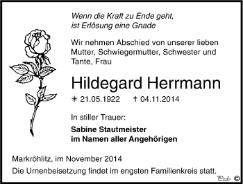 Traueranzeige von Hildegard Herrmann von Mitteldeutsche Zeitung Weißenfels