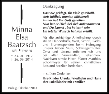 Traueranzeige von Minna Elsa Baatzsch von Mitteldeutsche Zeitung Wittenberg