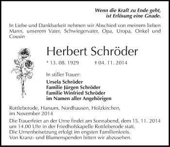 Traueranzeige von Herbert Schröder von Mitteldeutsche Zeitung Sangerhausen