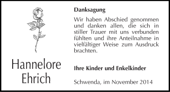 Traueranzeige von Hannelore Ehrich von Mitteldeutsche Zeitung Sangerhausen