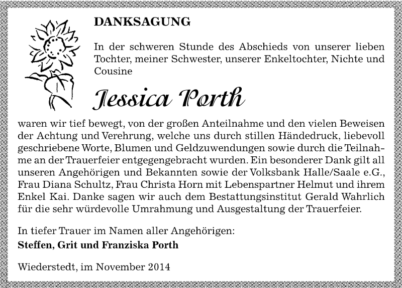  Traueranzeige für Jessica Porth vom 08.11.2014 aus Mitteldeutsche Zeitung Mansfelder Land
