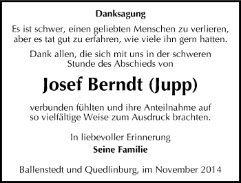 Traueranzeige von Josef Berndt von Mitteldeutsche Zeitung Quedlinburg