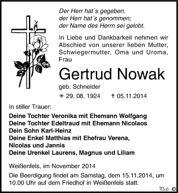 Traueranzeige von Gertrud Nowak von Mitteldeutsche Zeitung Weißenfels