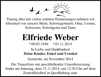 Traueranzeige von Elfriede Weber von Mitteldeutsche Zeitung Quedlinburg