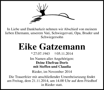 Traueranzeige von Eike Gatzemann von Mitteldeutsche Zeitung Quedlinburg