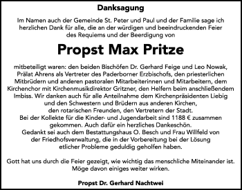 Traueranzeige von Propst Max Pritze von Mitteldeutsche Zeitung Dessau-Roßlau