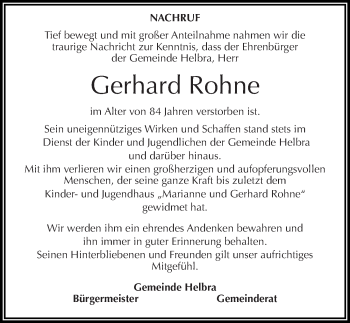 Traueranzeige von Gerhard Rohne von Mitteldeutsche Zeitung Mansfelder Land