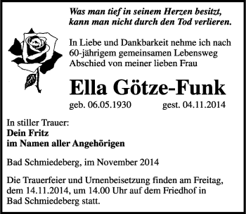 Traueranzeige von Ella Götze-Funk von Mitteldeutsche Zeitung Wittenberg