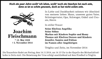 Traueranzeige von Joachim Fleischmann von Mitteldeutsche Zeitung Zeitz