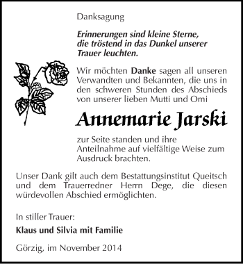Traueranzeige von Annemarie Jarski von Mitteldeutsche Zeitung Köthen