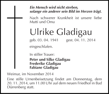 Traueranzeige von Ulrike Gladigau von Mitteldeutsche Zeitung Merseburg/Querfurt