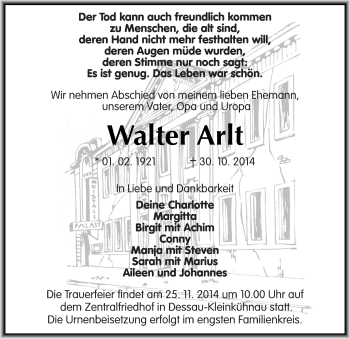 Traueranzeige von Walter Arlt von Mitteldeutsche Zeitung